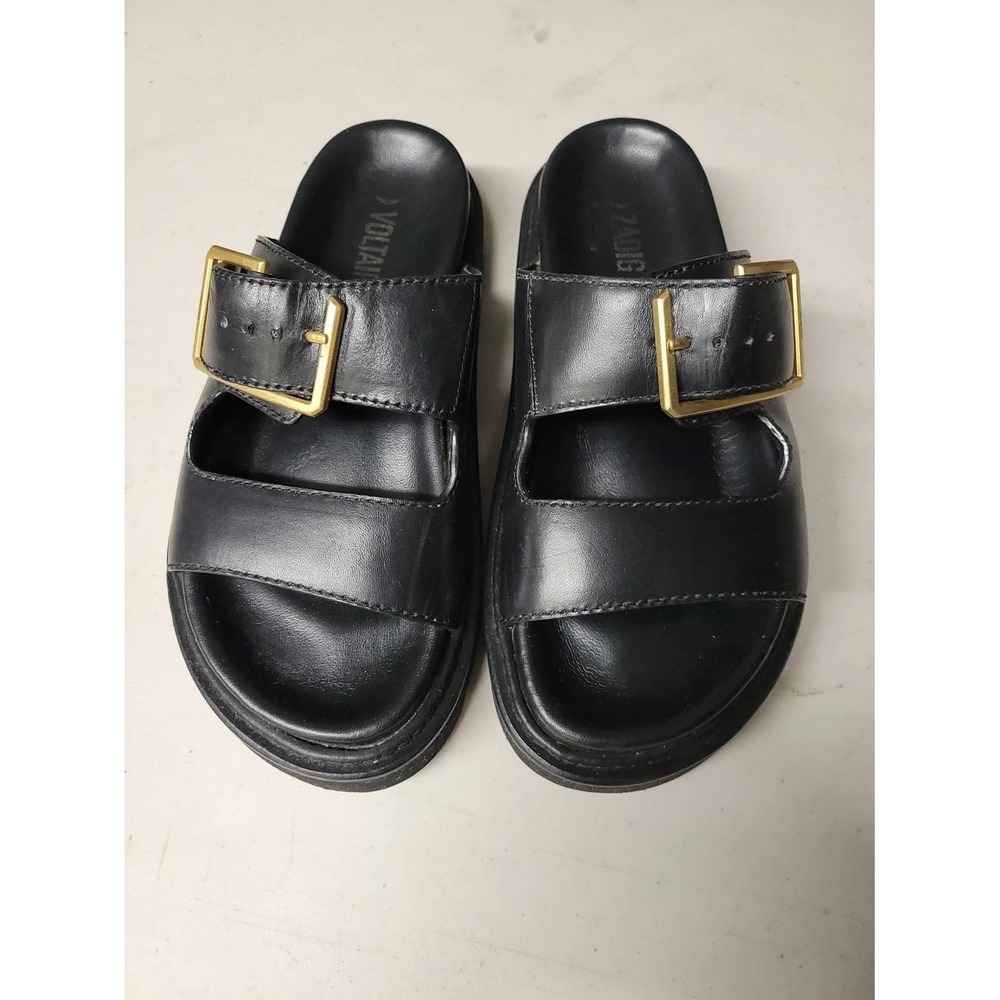 Zadig & Voltaire Black Leather Slide Sandals with Gold Buckles 39/US 9